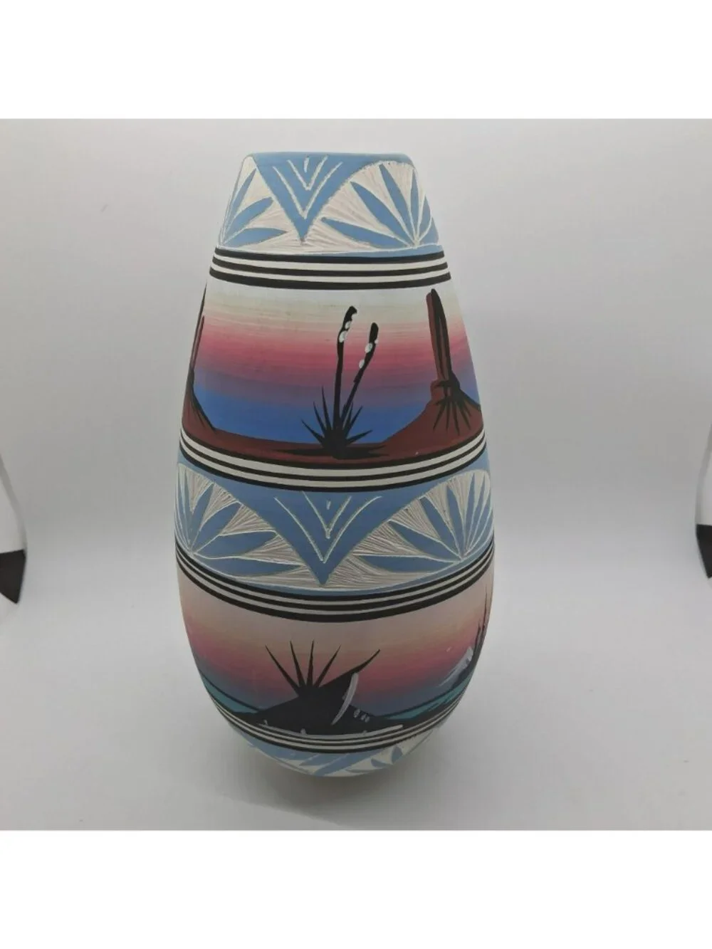Navajo Pottery Vase Southwest Desert Landscape & Etched Pastel Signed